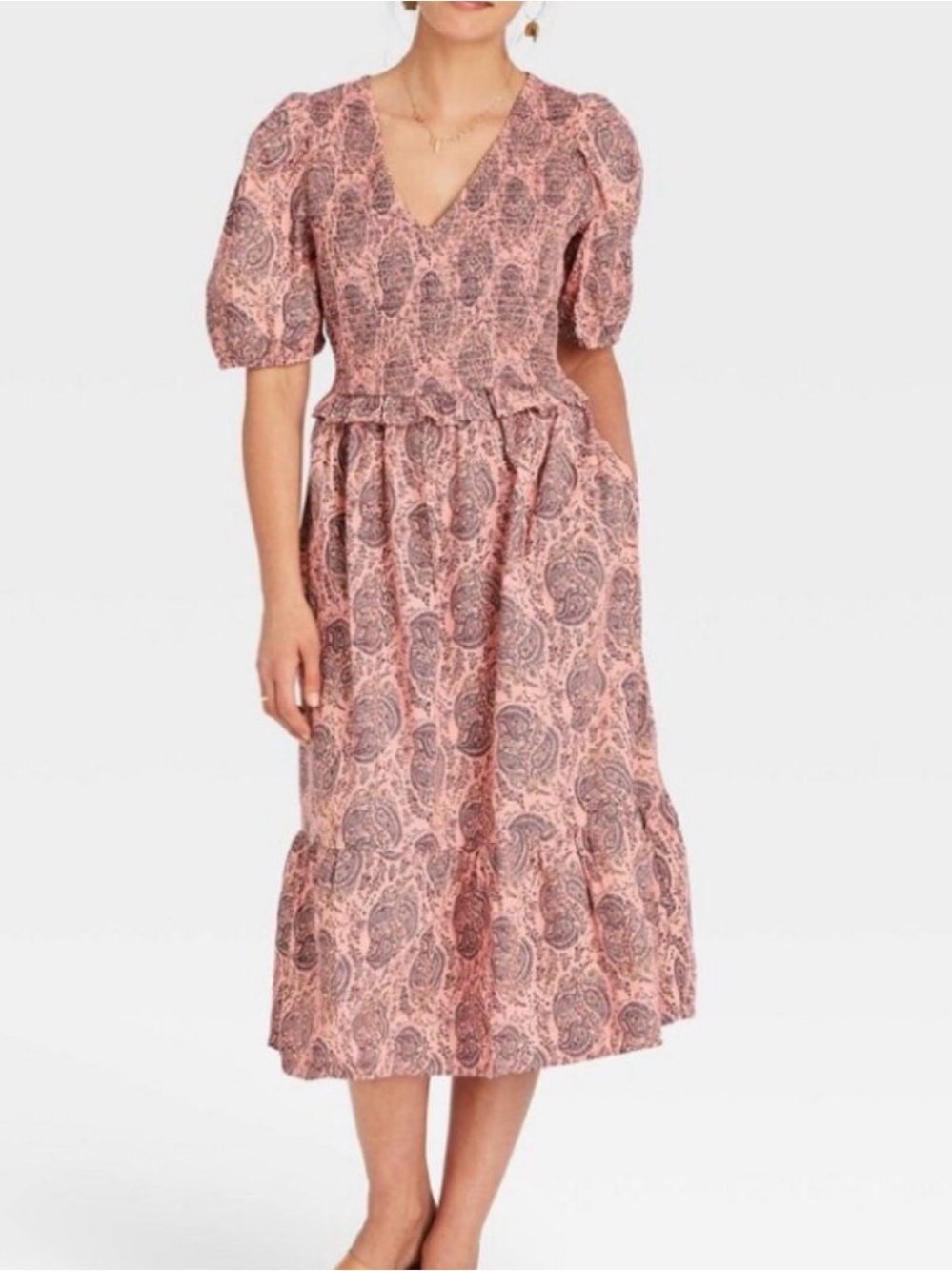 Universal Thread Paisley Puff-Sleeve Midi Dress in Dusty Pink